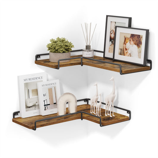 VASAGLE Corner Shelf Wall Mount Set of 2, Floating Shelves, Small Wall Shelf for Decor Storage, for Living Room Bedroom Kitchen Bathroom, Rustic Brown and Black ULLS831B01