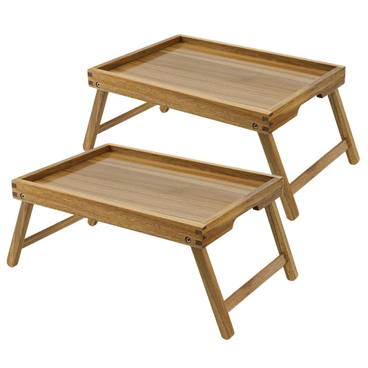 VaeFae Acacia Bed Table Tray, Wooden Breakfast Tray with Folding Legs, Bed Tray for Eating and Laptop, Eating Trays for Bedroom, (2 Pack)