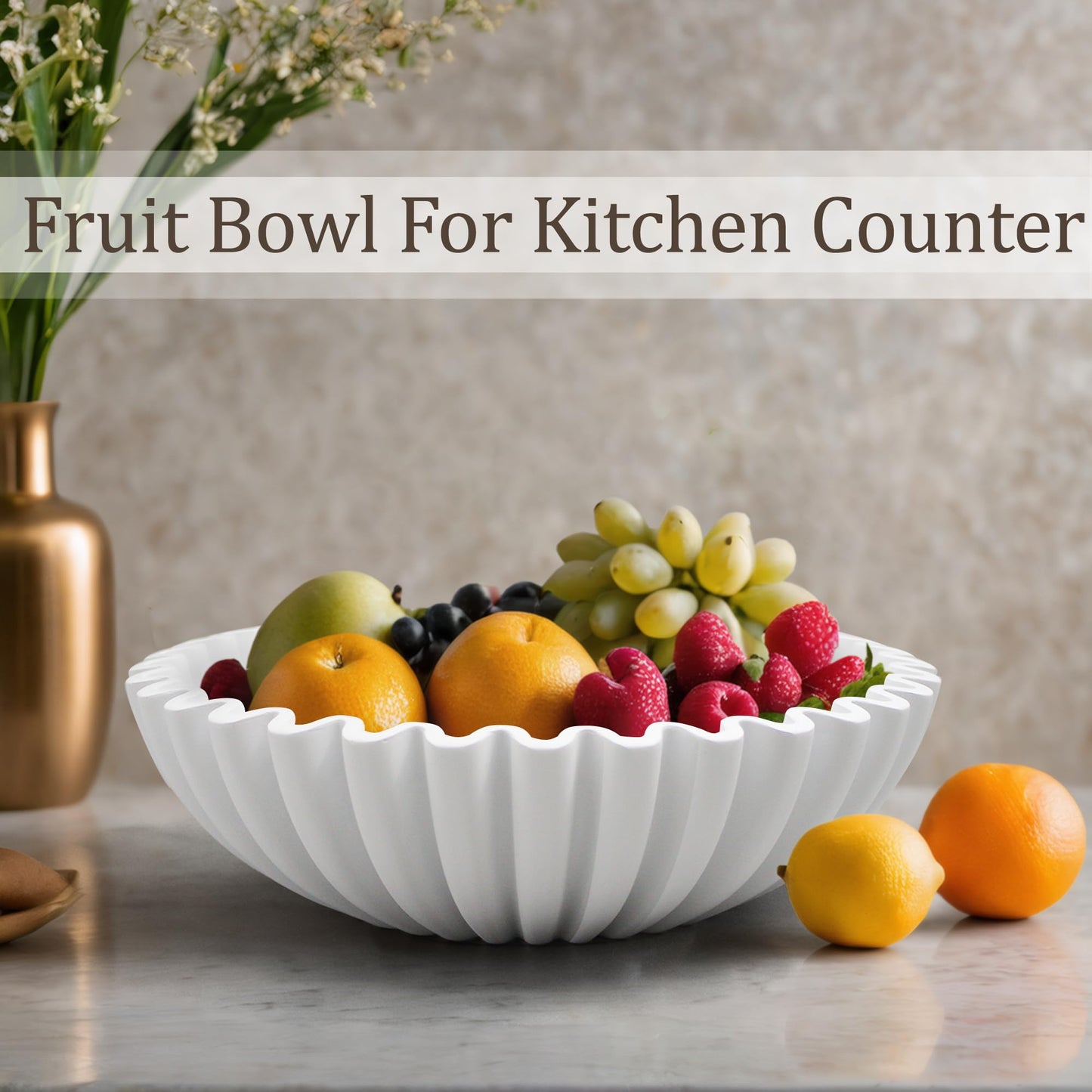LIN CHUAN Ruffle Decorative Bowl, Large Fruit Bowl for Kitchen Counter, Stylish Key Bowl for Entry Table, Handcrafted Home Decor Display bowl, White