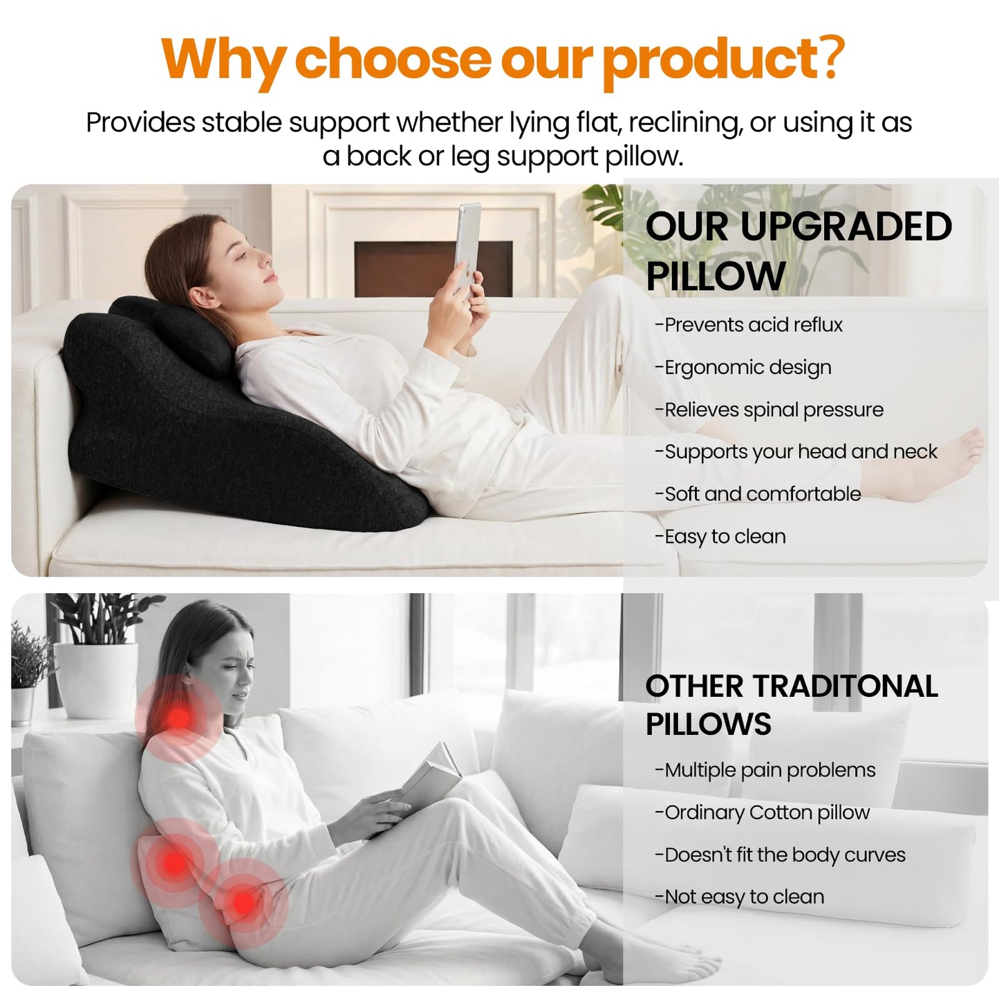 Ruanuo Memory Foam Ergonomic Wedge Pillow for Sleeping, Acid Reflux & Snoring Relief, 27°Angle Perfect Position Wedge Pillow with Washable Cover, Comfort Support for Waist, Neck & Back