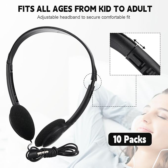 Konohan 10 Pack Headphones Bulk Headphone for School Classroom Student Wired Headphones Adjustable with 3.5 mm Jack for Adults (Black)