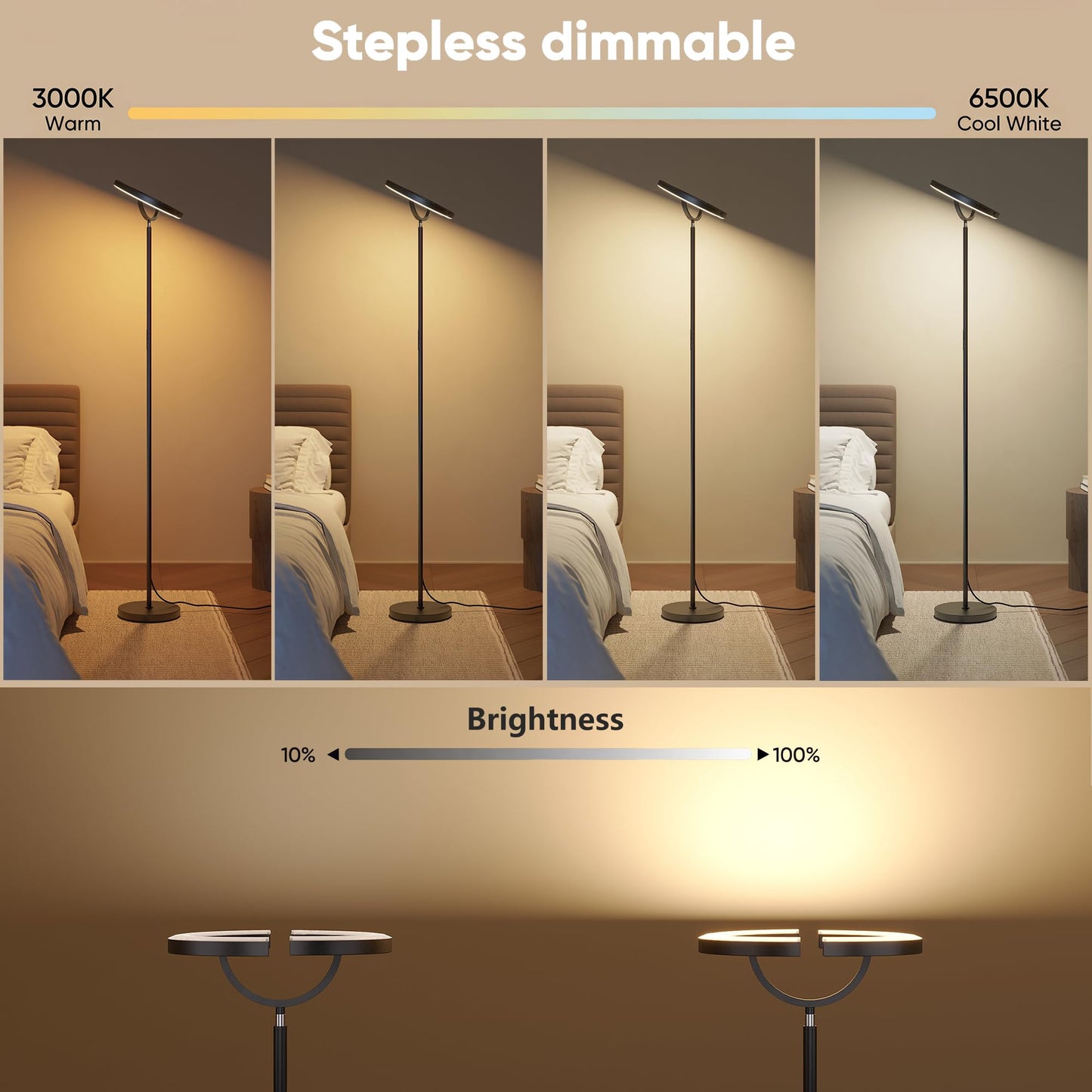 SIBRILLE 30W LED Floor Lamp, 350° Rotating Reading Standing Lamp with Remote Control, Stepless Dimmable 3000K-6500K Modern Tall Lamp for Living Room Bedroom Office