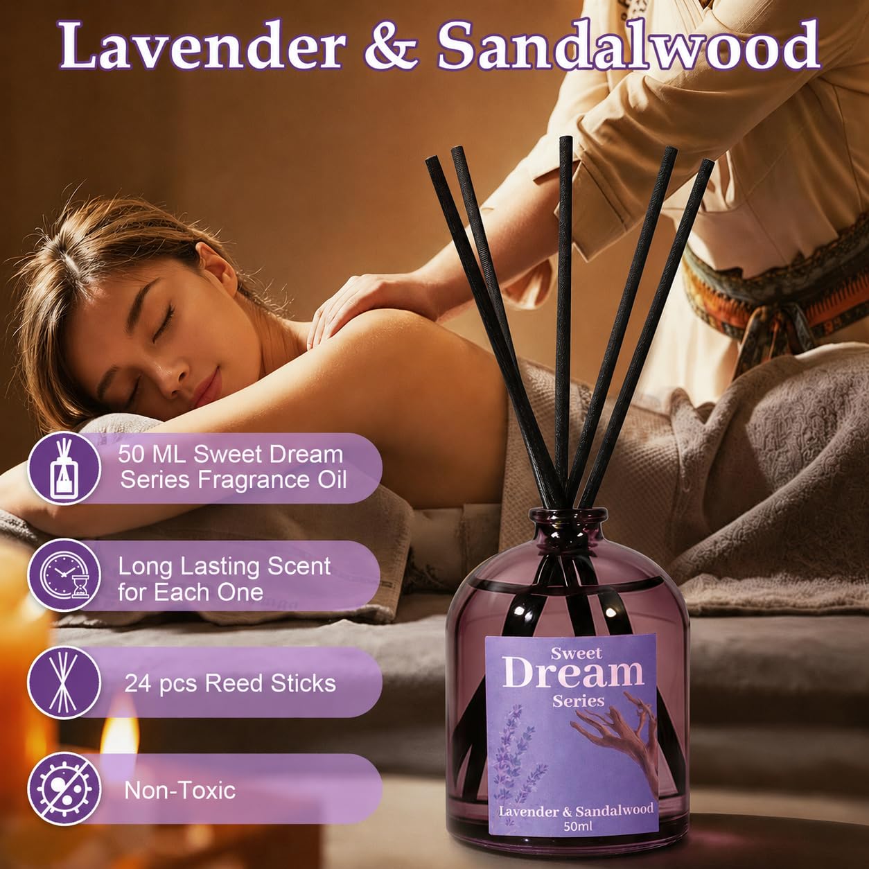 STRN Reed Diffuser Sets, Lavender Scented Oil Diffuser, Fragrance Reed Diffuser with 24 Sticks, 6.8 Fl.oz (200ml), 4 Scents Long-Lasting Air Freshener for Bedroom Bathroom Home Décor（50ml*4）