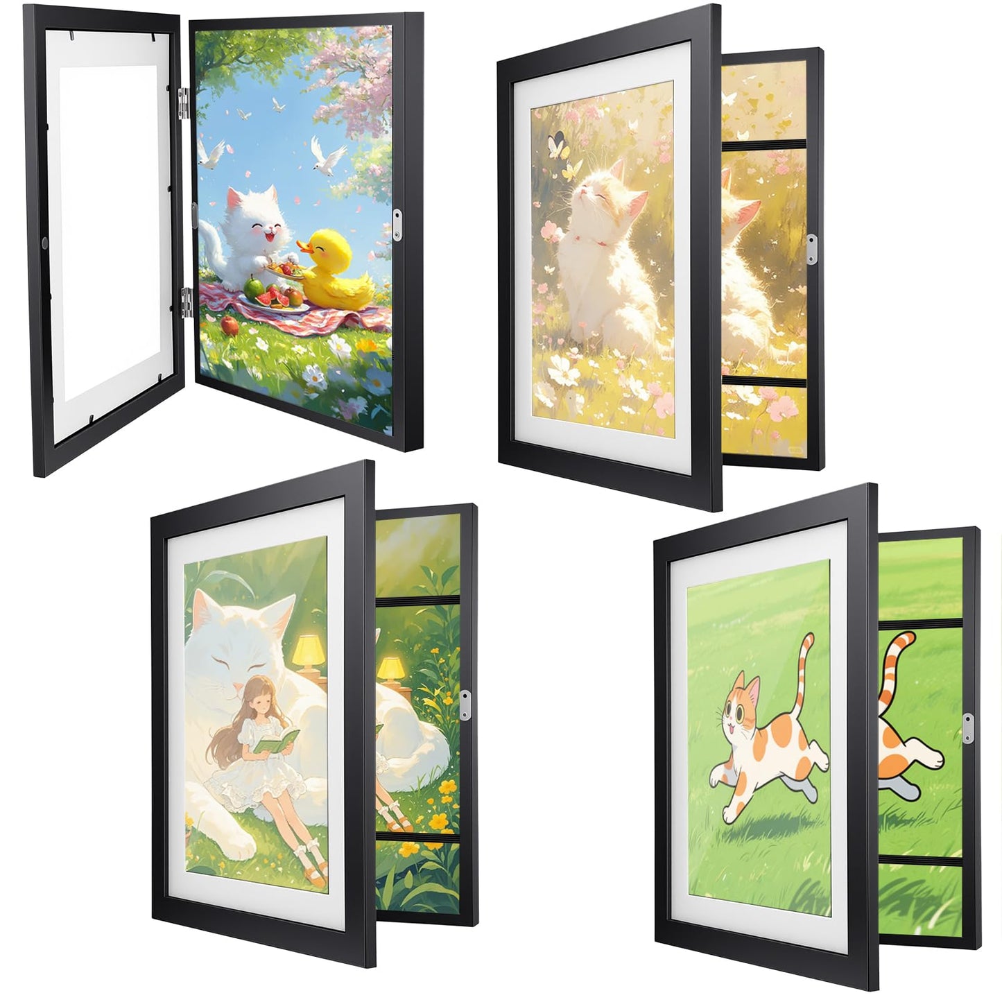 Ziouabaf 4 Pack Artwork Frames Changeable 8.5x11 Inch Front Opening Display Frame for Projects, Black Wood Frame Holds 150 Drawings, 3D Crafts, with 12 Hooks
