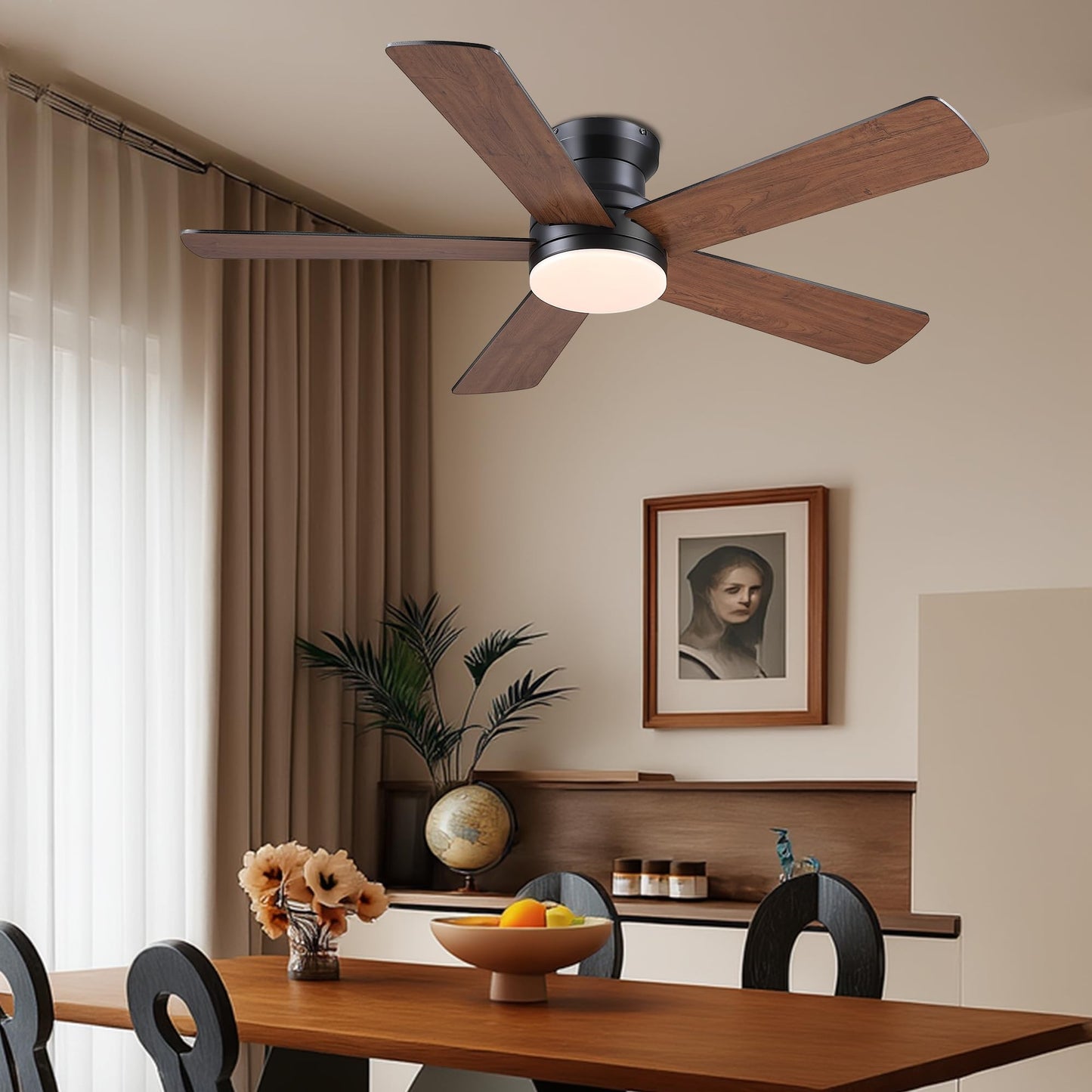 Ayaoty Flush Mount Ceiling Fan with Light and Remote/APP - 48" Low Profile Ceiling Fan with 3CCT Dimmable, 5 Reversible Blades, Modern Indoor Fan Light Fixtures for Bedroom, Kitchen