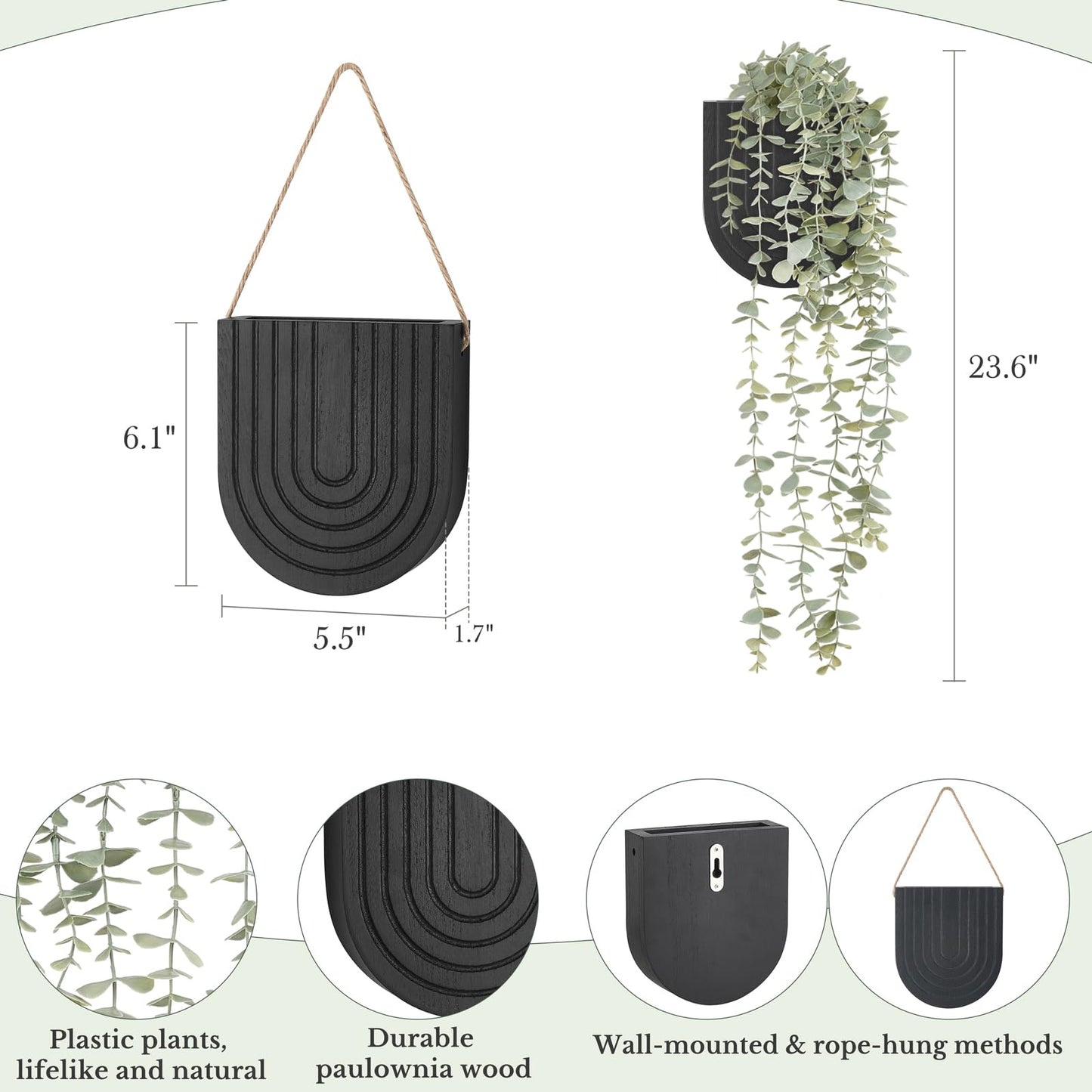 Dahey 2 Pack Wood Wall Vase with Fake Eucalyptus Plants, Modern Farmhouse Boho Wall Hanging Decor Planter for Artificial Plants Living Room Bedroom Bathroom Kitchen Home Office Decoration, Black