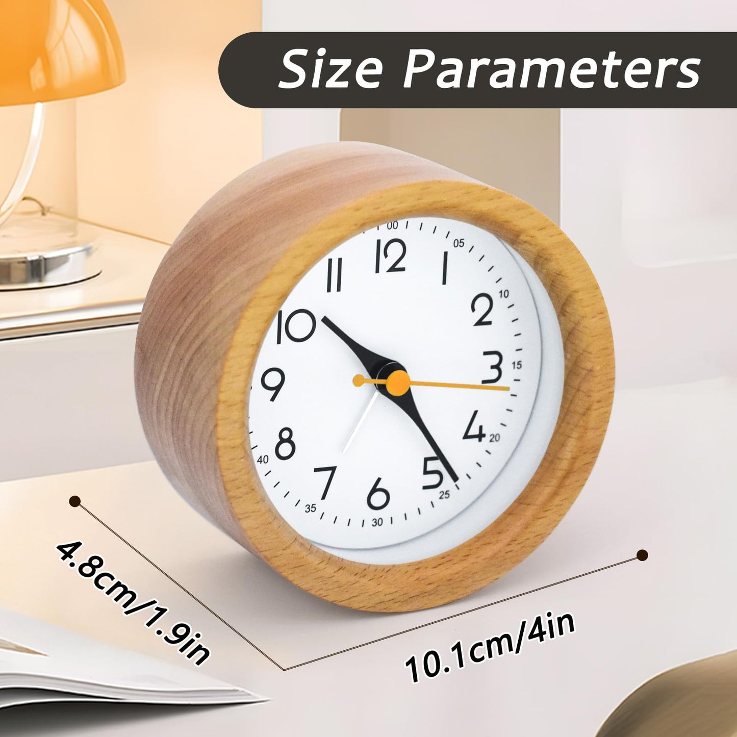 Oxmidud 4'' Natural Wooden Analog Alarm Clock with Soft Night Light - Battery Operated Non-Ticking Silent Tabletop Minimalist Desk & Bedside Clock for Bedrooms Living Room Home Office Decor