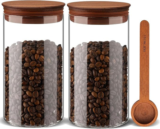 BOILMERIT 37 oz Coffee Canister with Scoop and Wooden Lids, Airtight Storage Container Sets of 2 for Ground Coffee & Beans, Glass Jars for Coffee Bar Organizer, Kitchen Countertop