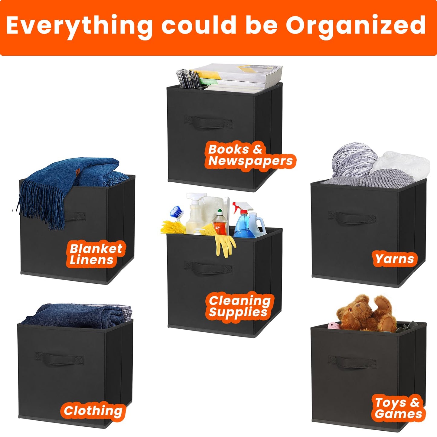 Criusia Storage Cubes, 11 Inch Clothes Storage Bins for Shelves Closet (10 Pack), Fabric Collapsible Storage Bins with Dual Handles, Cubby Storage Baskets for Magazines, Dorm Essentials (Black)