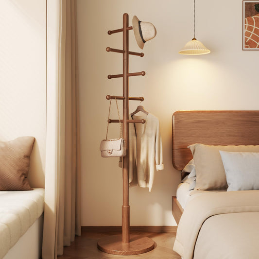 DONGMUWUJEE Solid Wood Coat Rack Freestanding with 10 Hooks, Coat tree freestanding 3 Adjustable Heights for coat, Hats, Handbags, Coat Stand for Entryway,Bedroom,office, Walnut
