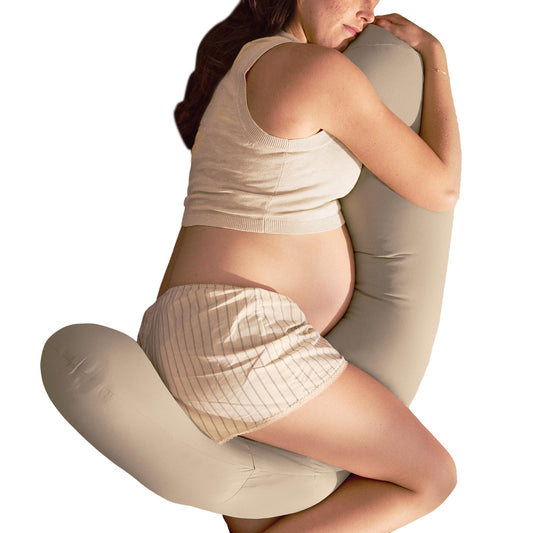 Frida Mom Compact Support 4-in-1 Pregnancy Pillow, Cooling Pregnancy Pillow, Twist & Bends into 4 Shapes for Comfort & Full Body Support, Compact Storage, Easy to Clean, Breathable, Storage Bag, Taupe