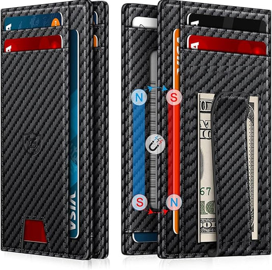 Gtwup Wallet for Men 14-16 Cards, Men's Leather Wallet, Minimalist Thin Card Holder RFID Blocking Money Clip with Simplified Bill Folder & Magnetic Closure, Gifts for Men, Carbon Fiber