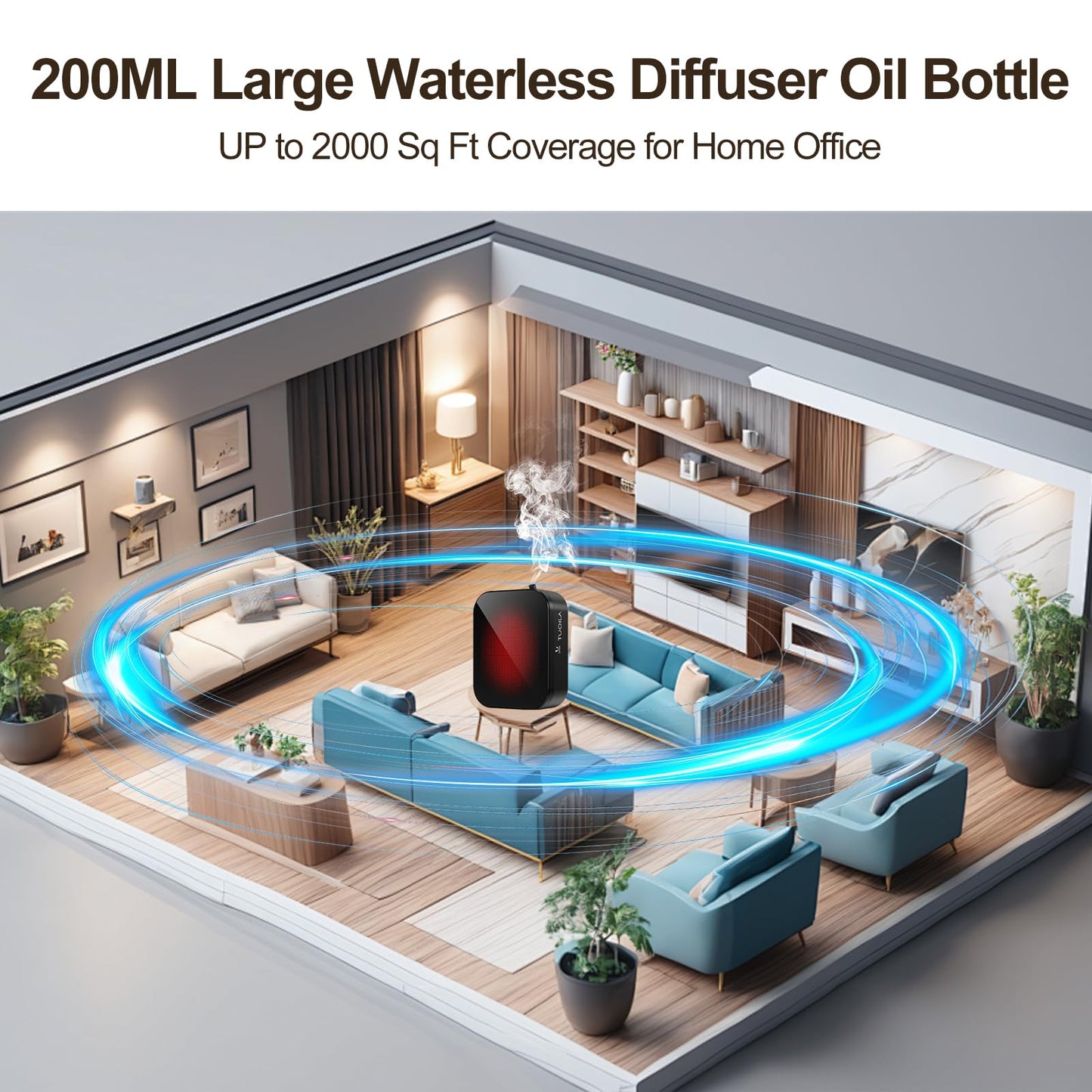 Tuqila Waterless Essential Oil Diffuser Machine Plug-in or 3 D Batteries Operated, Cold Air Aroma Diffuser Up to 2000 Sq, Ft, APP Control Smart Scent Diffision for Home, Hotel, Office (with 20ml Oil)