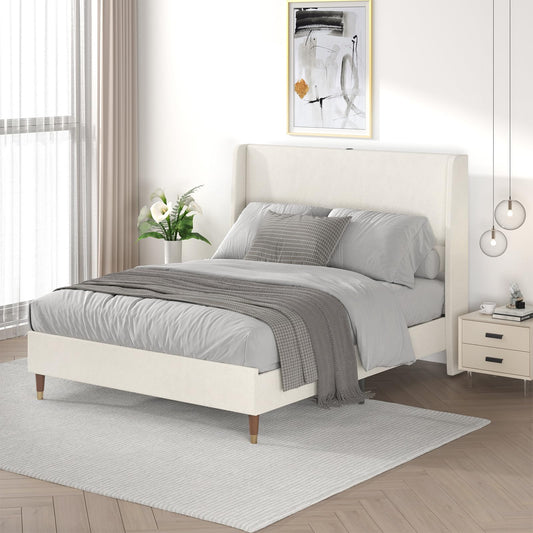 MALOL Queen Bed Frame with Upholstered Linen Headboard, Platform Bed with USB Charging Ports, Sturdy Metal Frame, No Box Spring Required, Quiet Noise-Free Modern Bedroom Furniture, Beige