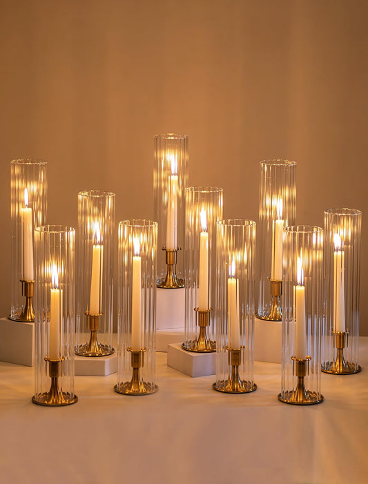 Romadedi Hurricane Glass Candle Holder: Set of 10 Gold Taper Candle Sticks Holder with Ribbed Cylinder Cover & Weighted Base for Table Centerpiece Wedding Christmas Party Outdoor