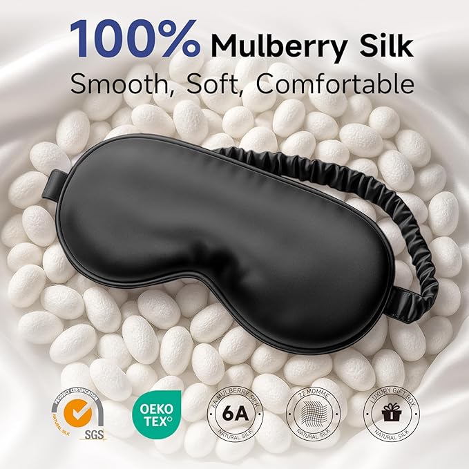 Umisleep Sleep Mask for 100% Pure Mulberry Silk, 22 Momme 6A Soft Eye Masks for Sleep, Adjustable Sleep Masks for Women Men, Light Blocking Sleeping Mask, Silk Eye Mask for Sleeping, Blindfold, Black