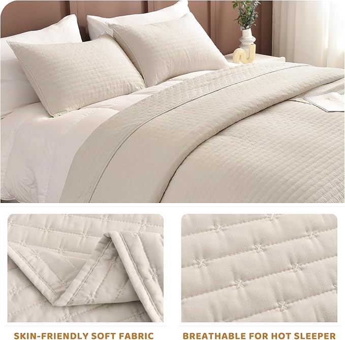 Sanracie Oversized Queen Bedspread Set 102"*118", 100% Cotton Wheat Colored Extra Large Wide Queen Quilt Bed Set Soft and Cozy Cloud Lightweight Quilts for All Season