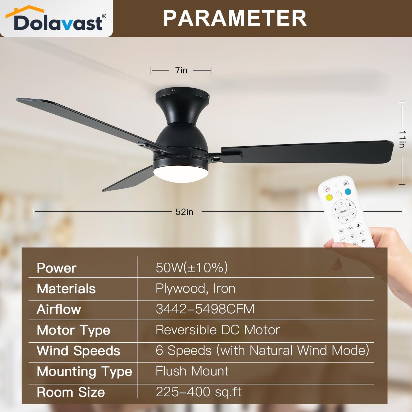 Dolavast Ceiling Fans with Lights, 52 inch Low Profile Ceiling Fan with Light and Remote Control, Flush Mount, Reversible, 3CCT, Dimmable LED, Noiseless, Black Ceiling Fan for Bedroom, Living Room