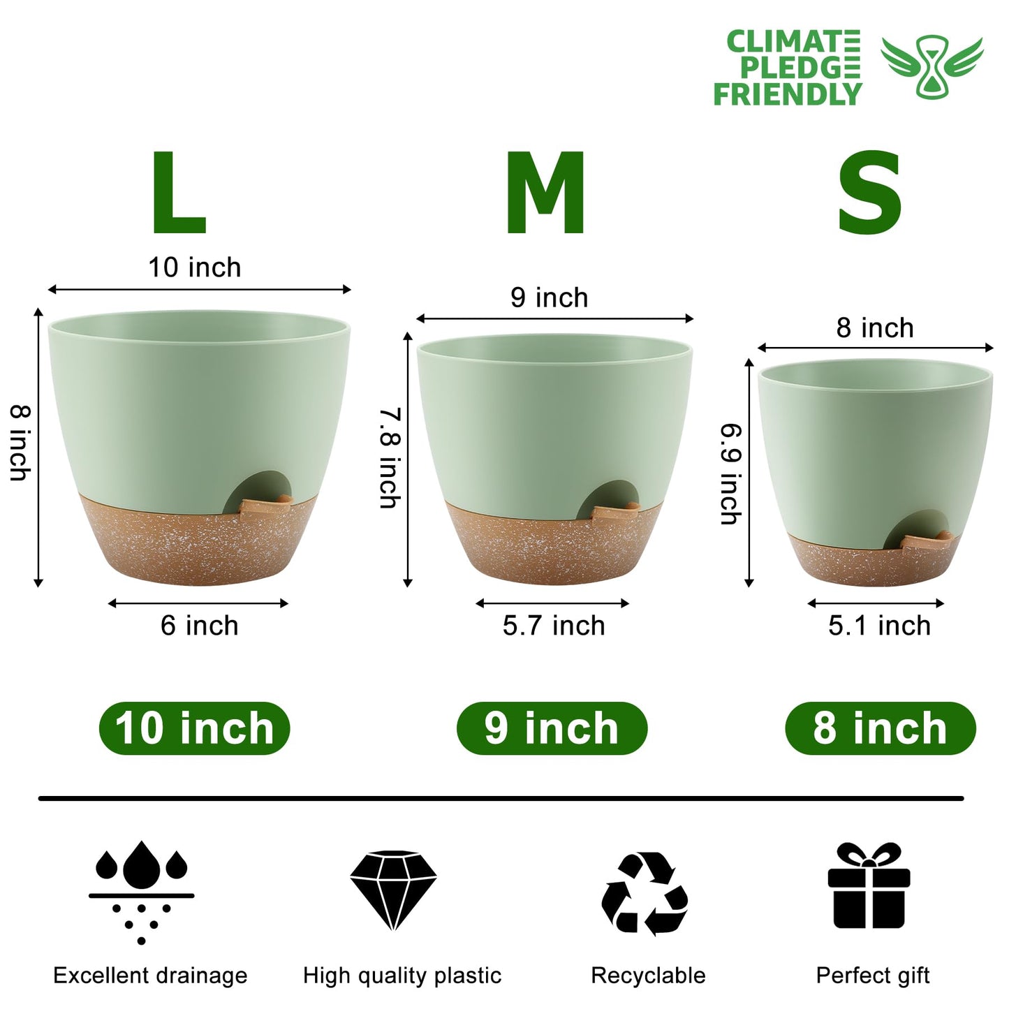 QRRICA Plant Pots 10/9/8 Inch Self Watering Pots, Set of 3 Plastic Planters with Drainage Holes and Saucers,Plastic Flower Pots,Nursery Planting Pot for Indoor Out Door Plants（Green）