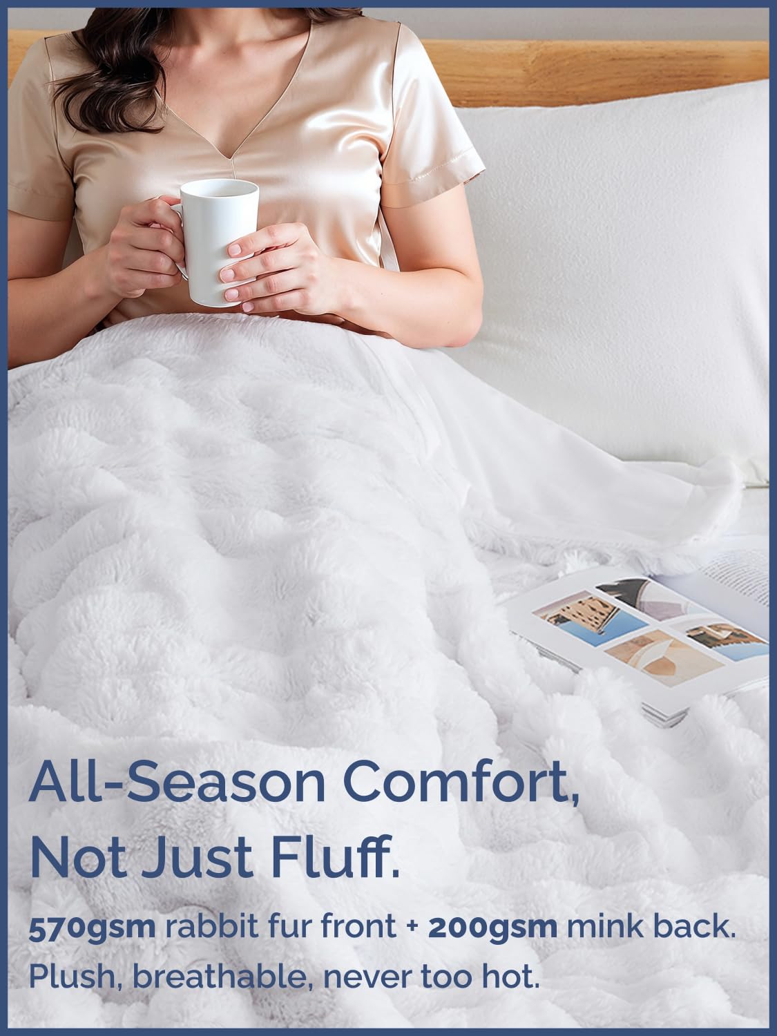 White Throw Blanket - Fluffy Throw Bubble Blanket Queen Size - Extra Thick Rabbit Faux Fur for Couch, Sofa, Chair or Bed - All Season, Ultra-Soft, Plush, Fuzzy, Cozy for Men, Women & Teens - 90" x 90"