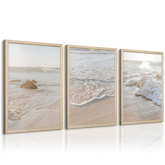 Beach Wall Art Decor Coastal Wall Art Pictures Ocean Canvas Wall Art Beige Beachy Wall Decor Boho Beach Prints Ocean Painting Coastal Artwork for Bedroom Living Room 12x16 Inch Wood Framed Set of 3
