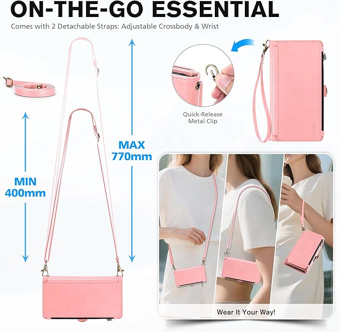 TUCCH Detachable Crossbody Wallet Case for iPhone Air 6.5", 9 Card Slots RFID Blocking | Stand | Lanyard Wrist Strap | Wireless Charging | Zipper Pocket | PU Leather Magnetic Flip Cover | Rose Gold