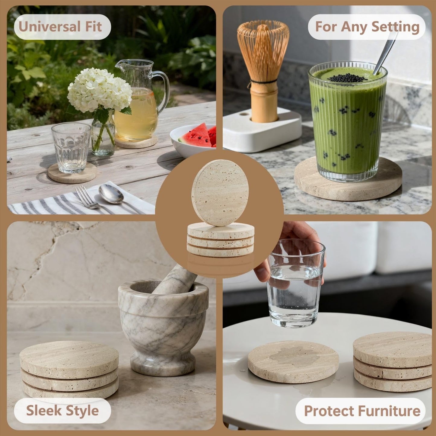 4-Inch Beige Travertine Coasters Set of 4 - Natural Limestone Drink Coasters with Non-Slip Cork Backing, Protect Countertops from Stains and Scratches