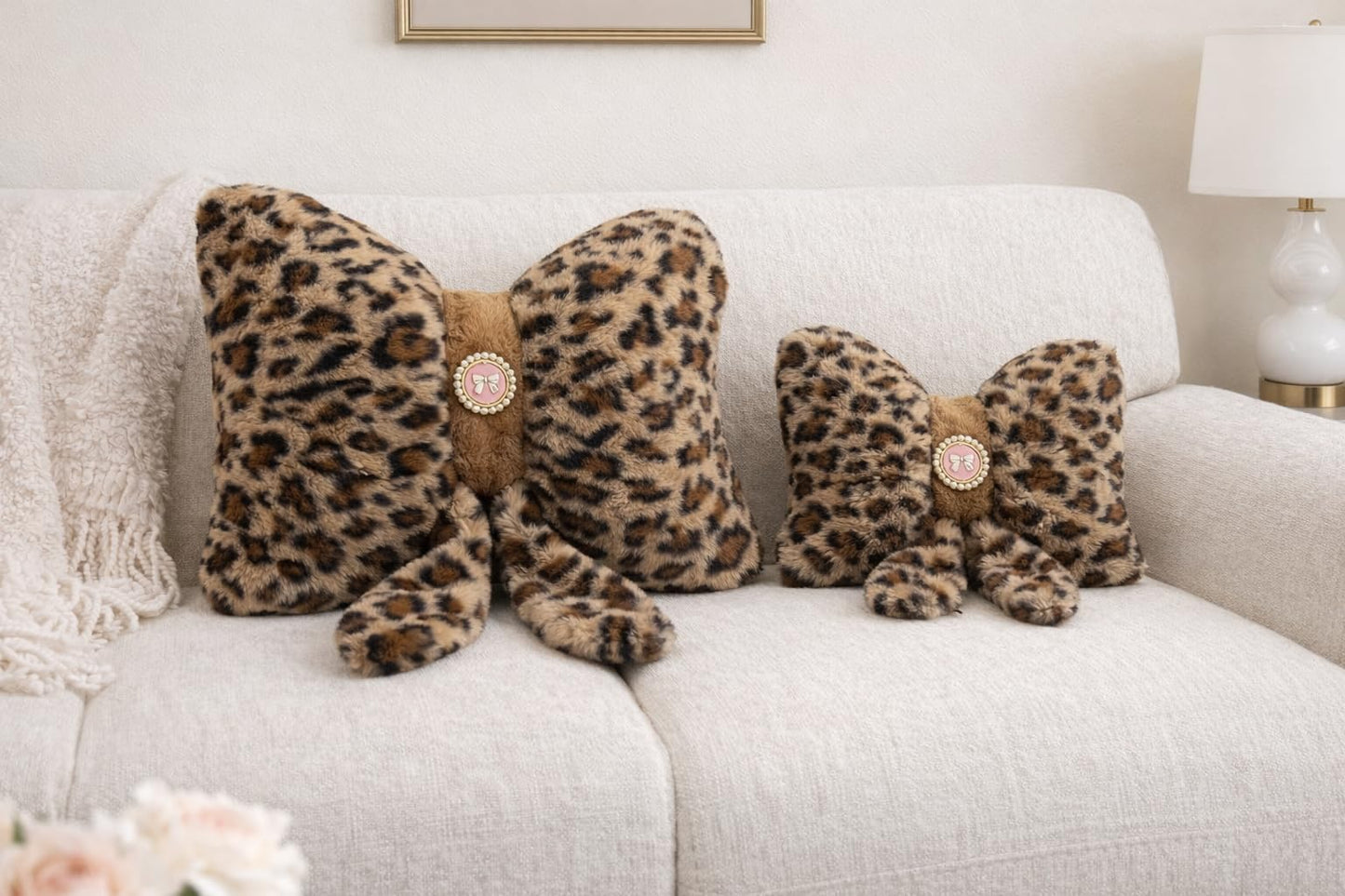 Teyeuf Leopard Print Bow Pillow 12x9 Inch, Cute Plush Bow Shaped Decorative Pillow with Back Strap, Animal Print Room Decor for Bedroom Chair Couch Car
