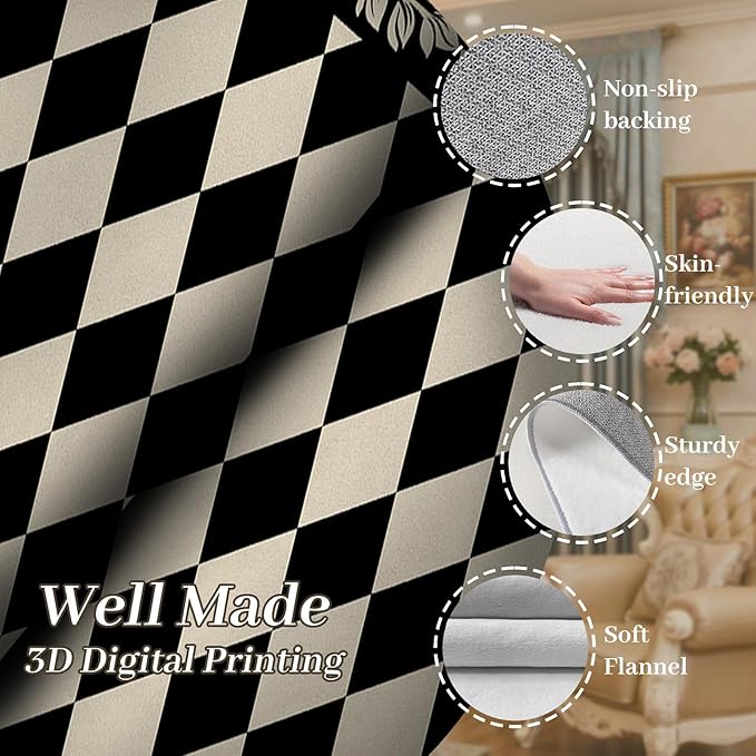Modern Black White Checkered Pattern Runner Rug, 2.6x7ft, Abstract Neutral Farmhouse Decor Rugs for Living Room, Non-Shedding Low Pile Soft Foldable Carpet for Family Kitchen