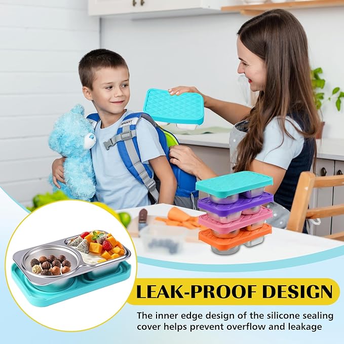 LVQVEV 2 Pack Stainless Steel Snack Containers, 2 Compartment Snack Container with Silicone Lids, Easy Open Leak Proof Reusable Metal Toddler Snack Containers for Daycare (Orange, pink)