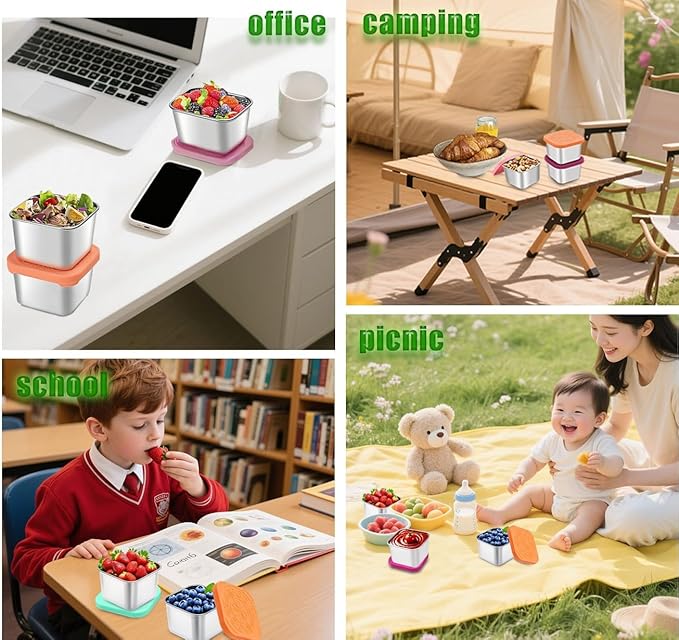 sagact 304 Premium Stainless Steel Snack Containers with Silicone Lids, Snackle Box Containers, Easy-Open Leak-Proof Kids for Taking Out for a Picnic, Lunch Box and Travel. (Red Orange Blue-3, 2 OZ)