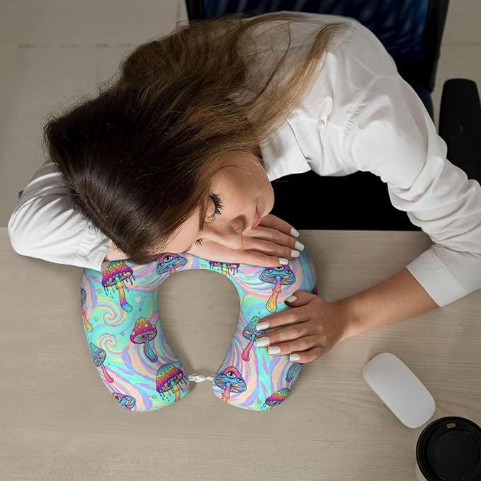 Support Neck Pillow for Youth Travel, Washable Airplane Chin Supporting and Relax U Shaped Pillows Colorful Trippy Mushroom Art