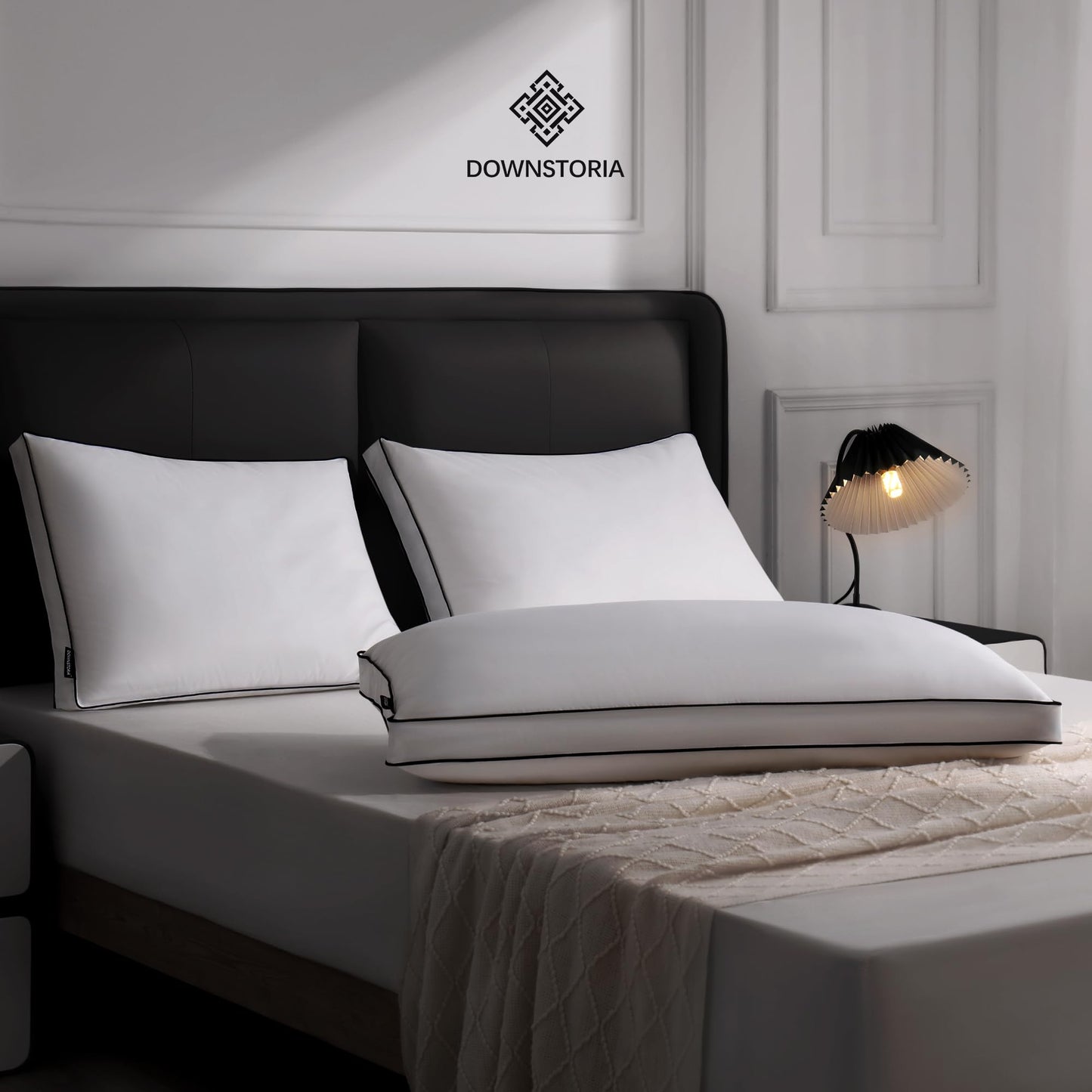 DOWNSTORIA Feather Down Pillows Queen Size Set of 2 with Gusset, Luxury Hotel Collection Bed Pillow 2 Pack, Down Surrounded Gusseted Pillows for Sleeping, Soft for Side, Back Sleepers 20x30 in.