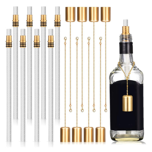 Nuanchu Wine Bottle Torch Kit - 8 Sets, Brass Wick Holders, Fiberglass Wicks, 13.78 Inch Long, Copper Cover for DIY Lamp