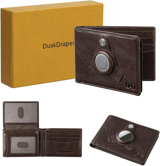 DuskDrapes AirTag Wallet for Men - Full Grain Leather Bifold with Built-in Holder, RFID Blocking Slim Wallet with 2 ID Windows, Large Capacity 12-15 Card Slots, Gift Box Included