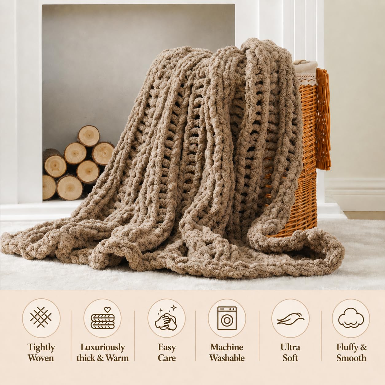 Battilo Chunky Knit Throw Blanket for Couch, Hand Made Chenille Throw Blanket, Super Soft Warm Cozy Taupe Blanket for Bed, Sofa, Living Room, 50"x60"