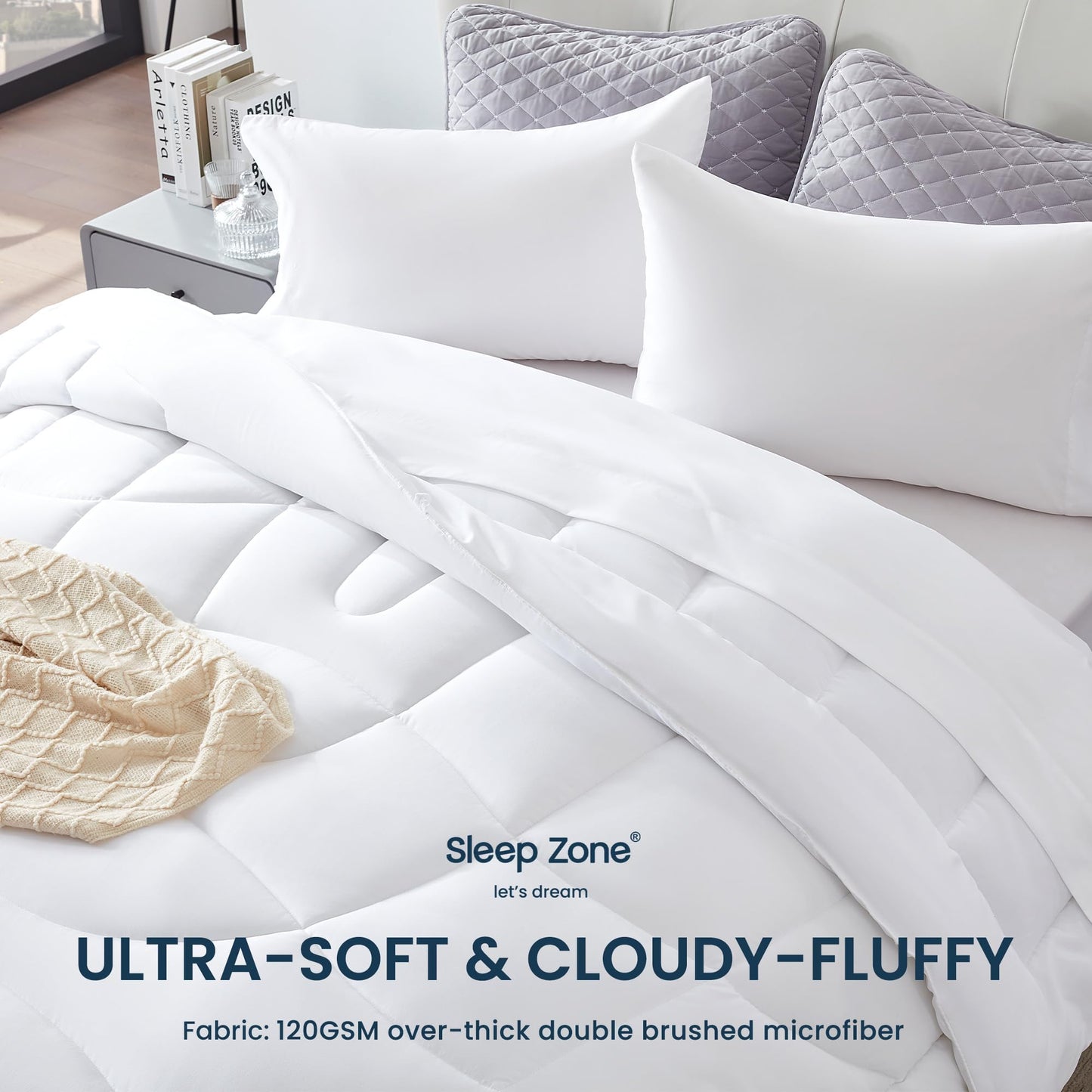 SLEEP ZONE Comforter Duvet Insert, King Size Quilted Reversible Comforters, Soft All Season Duvet, Down Alternative Breathable Bedding with 8 tabs, 2 Sides White 102 x 88 Inches