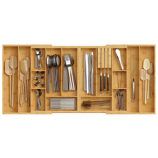 HOOBRO Large Silverware Organizer Kitchen Drawer Organizer, Magnetic Connected Expandable Utensil Organizer From 22 to 35 Inches, Bamboo 16 Slots Cutlery Tray with Knife Holder, Natural YL07TL01