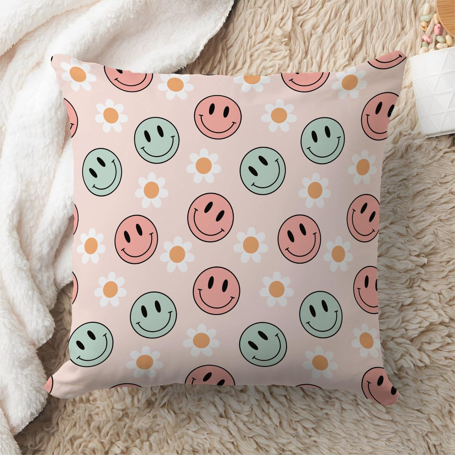 PreLiving Flower Face Preppy Throw Pillow Cover, Hippie Retro Groovy Aesthetic Happy Cute Pillowcase Decoration for Sofa Bedroom Living Room, 18 x 18 Inch