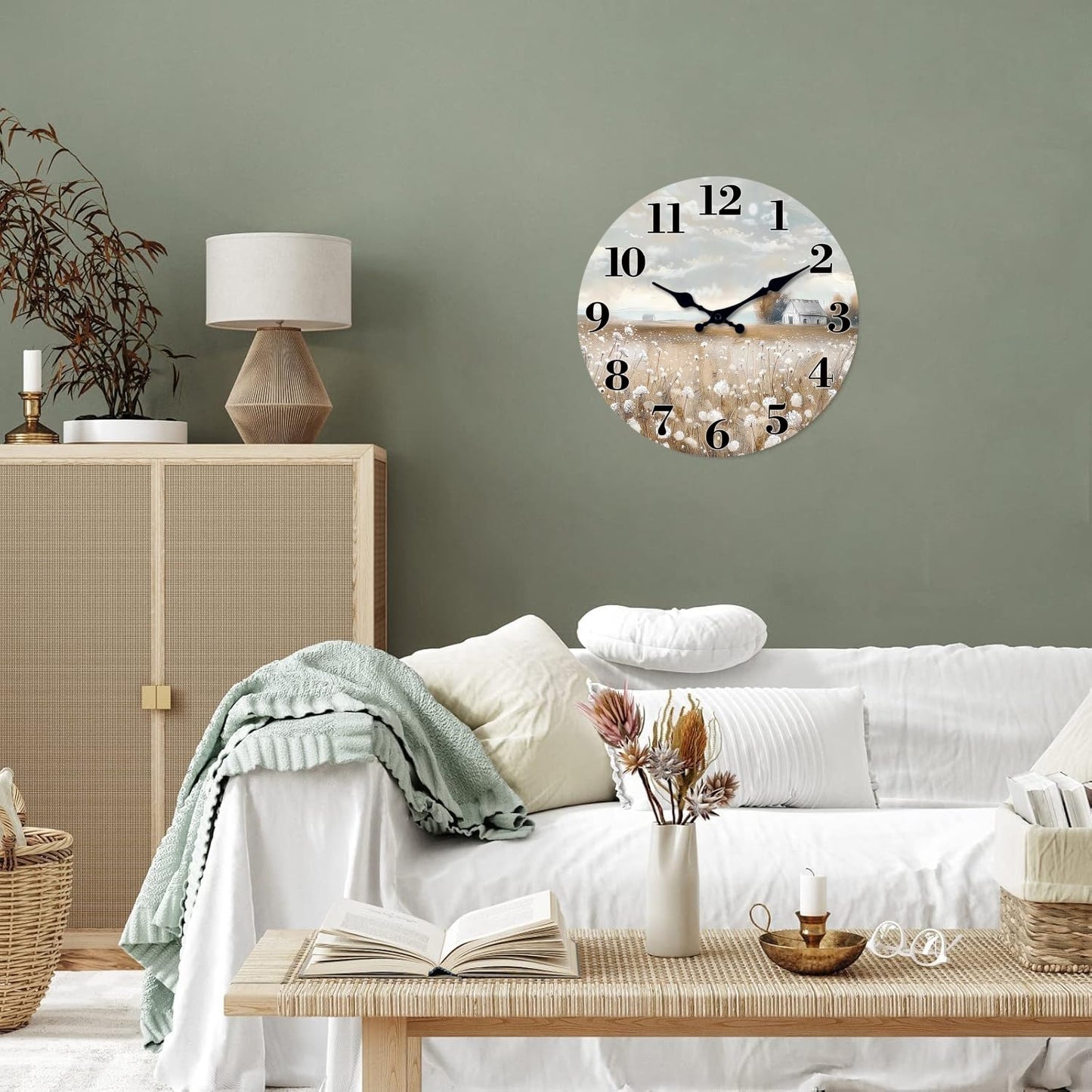 XFM Farmhouse Wall Clock Battery Operated 10 Inch Silent Non-Ticking Wooden Wall Clocks Country Flower Field Clock for Kitchen Living Room Bedroom Decor