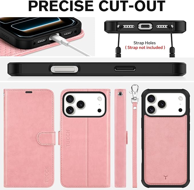 TUCCH 2-in-1 Detachable Wallet Case for iPhone 17 Pro Max (6.9-inch) 2025, RFID Blocking 4 Card Slots, Wireless Charging, Wrist Strap, Kickstand, Magnetic, PU Leather, Protective Flip Cover, Rose Gold