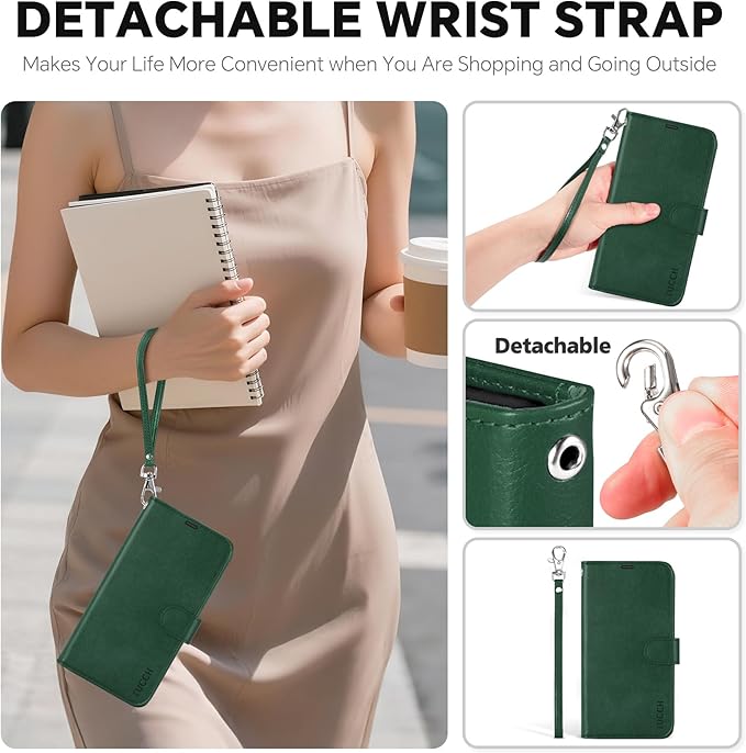 TUCCH 2-in-1 Removable Wallet Case for iPhone 17 (6.3-inch) 2025, Wireless Charging | RFID Blocking 4 Card Holder | Wrist Strap | Kickstand | Magnetic | PU Leather | Protective Flip Cover | Dark Green