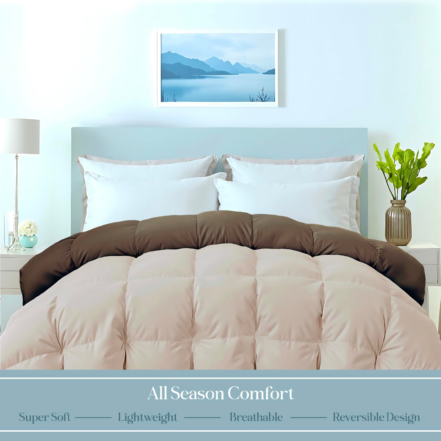 ROYALE LINENS Reversible Comforter - Twin XL Duvet Insert - All Season Soft Quilted Comforters with 8 Corner Tabs - Down Alternative Bedding Comforter - Duvet Insert (Chocolate/Sand, Twin XL 68"x92")