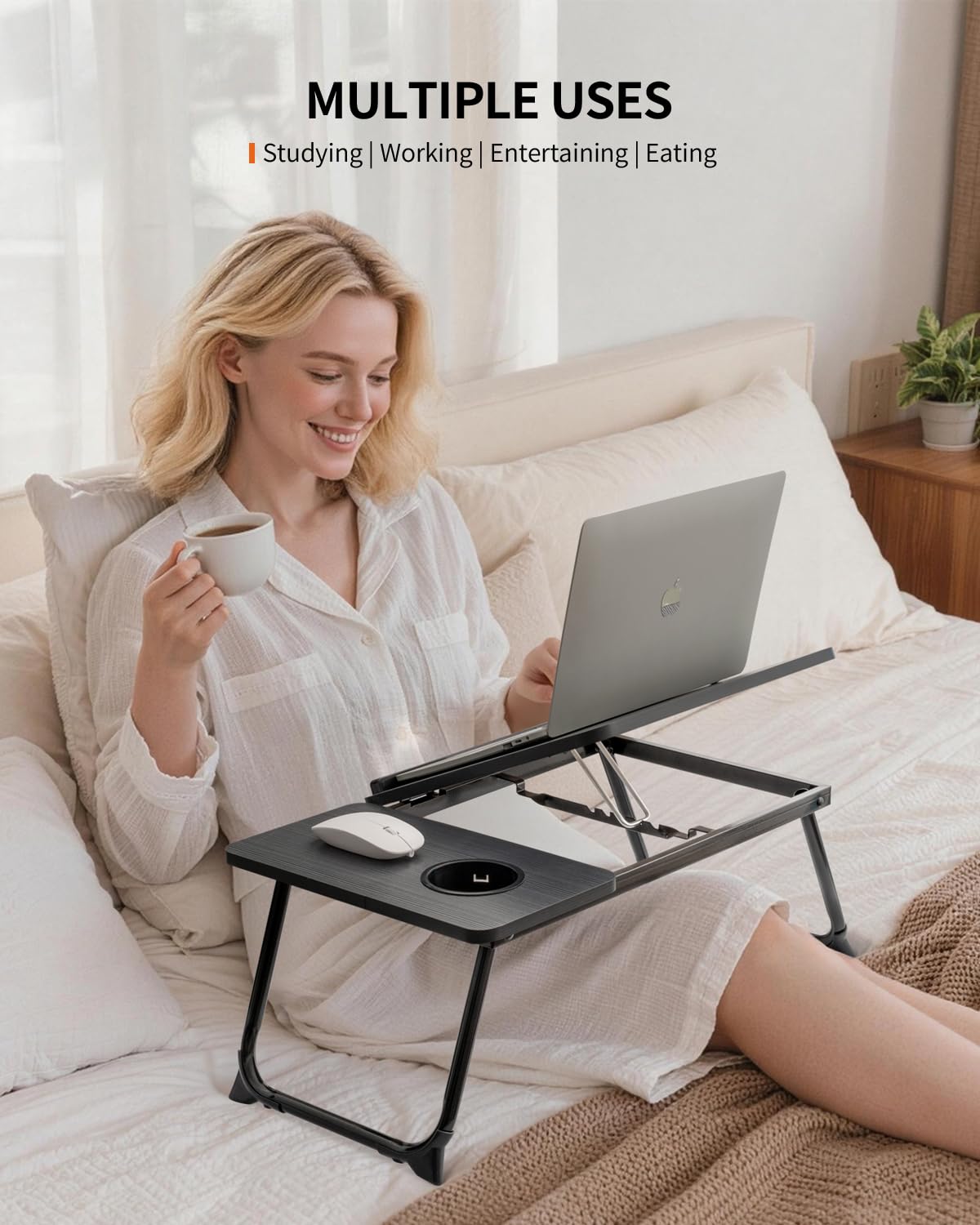 FISYOD Foldable Laptop Desk for Bed Couch, Adjustable Split Lap Desk with Cup Holder, Portable Lightweight Bed Table Tray, Heavy-Duty Laptop Stand for Working, Writing, Reading and Eating - Black
