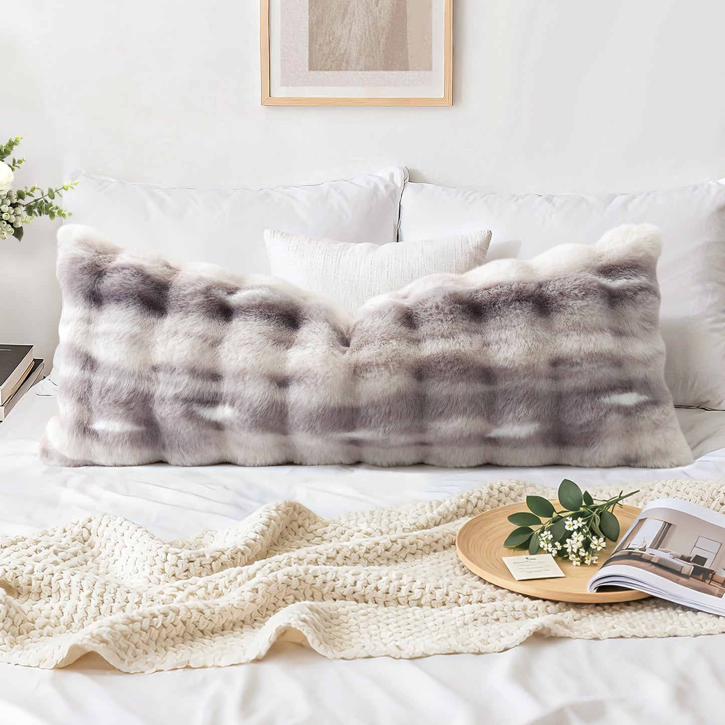 OTOSTAR Set of 1 Plush Throw Pillow Cover 14x36 Inch Soft Decorative Fluffy Faux Fur Pillowcase Cushion Cover for Couch Sofa Bedroom (Grey Taupe)