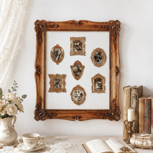 Wonderjune 8 Pcs Museum Frame Wall Art Set 14" Gallery Wall Decor Frame and 7 Vintage Mini Mounts European Retro for Living Room Bedroom Office, Romantic Gift for Anniversary Wedding Housewarming