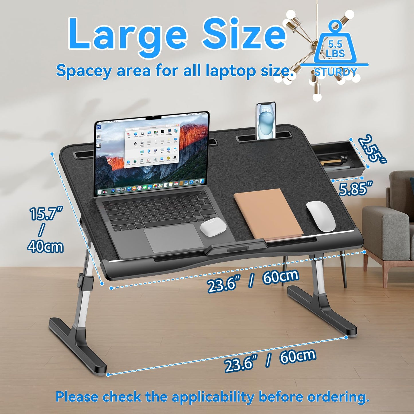 HETTHI Laptop Stand for Bed, Adjustable Leather Bed Desk with Foldable Legs, X-Large Laptop Bed Table Tray with Drawer for Bed Couch Floor Writing Working Reading Eating Painting (Black, 23.6"×15.7")