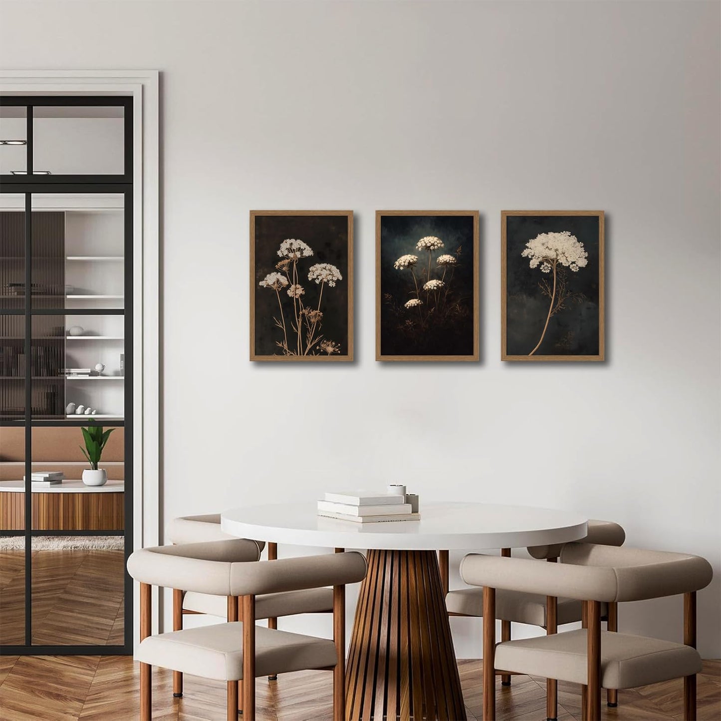 3Pcs Framed Moody Botanical Black Dark Flower Canvas Wall Art Set Elegant White Queen Anne’s Lace Flower Prints, Botanical Painting for Living Room, Bedroom, Office, Home Decor 12x16in