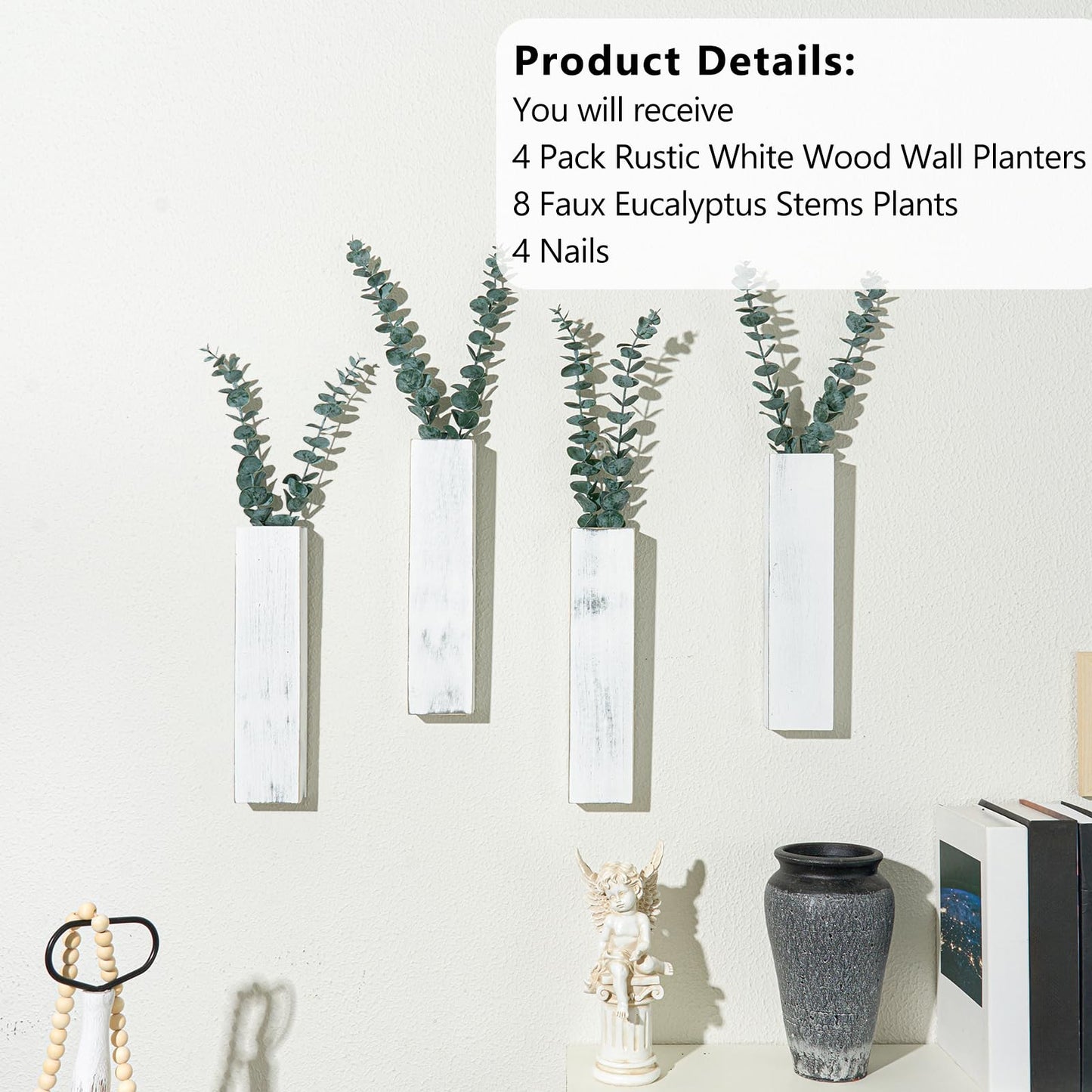 4 Pack Wood Wall Planters with 8 Pcs Artificial Eucalyptus, Plant Wall Decor for Living Room, Bedroom, Bathroom, Office, Wall Hanging Decor Wall Vase with Faux Plants, Rustic White