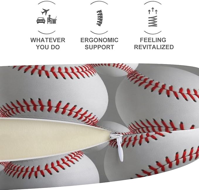 Pain Relief Travel Neck Pillow Sport Baseballs, Memory Foam U Shaped Support, Breathable Zip Cover for Airplane Car Office Men Women